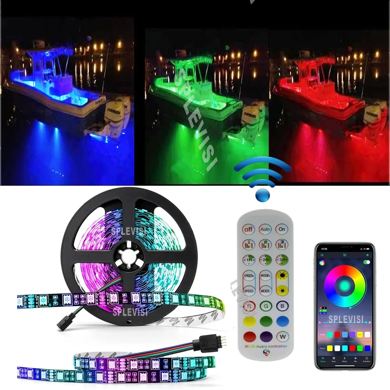 Phone APP Music Sync Remote Waterproof Interior RGB Led Strip Light Marine Boat Deck Pontoon Bass Fishing Yacht Kayak（Black）