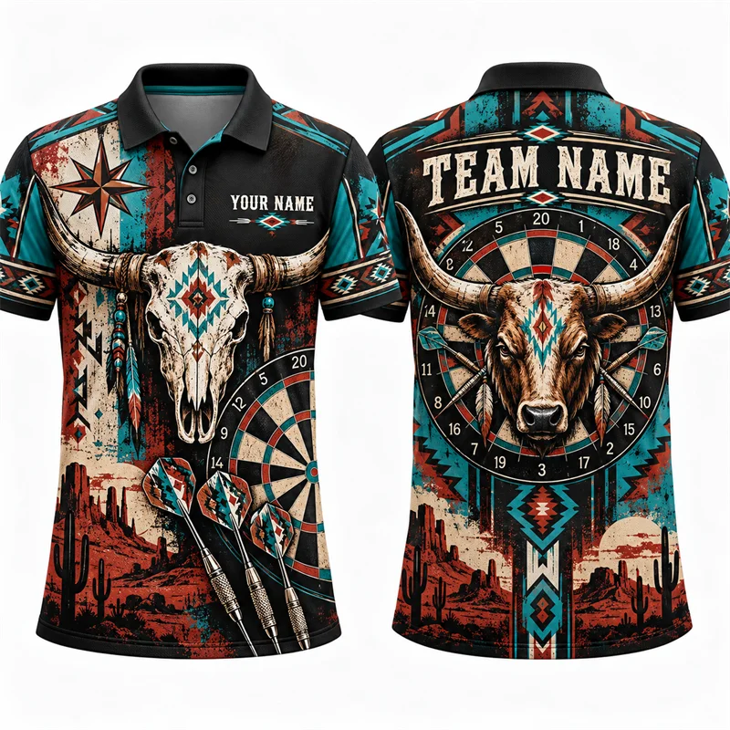 Personalized Darts Polo Shirt Men Custom Team Name Tiger Sugar Skull Elephant Bull Print Short Sleeve Tournament Sports Jersey