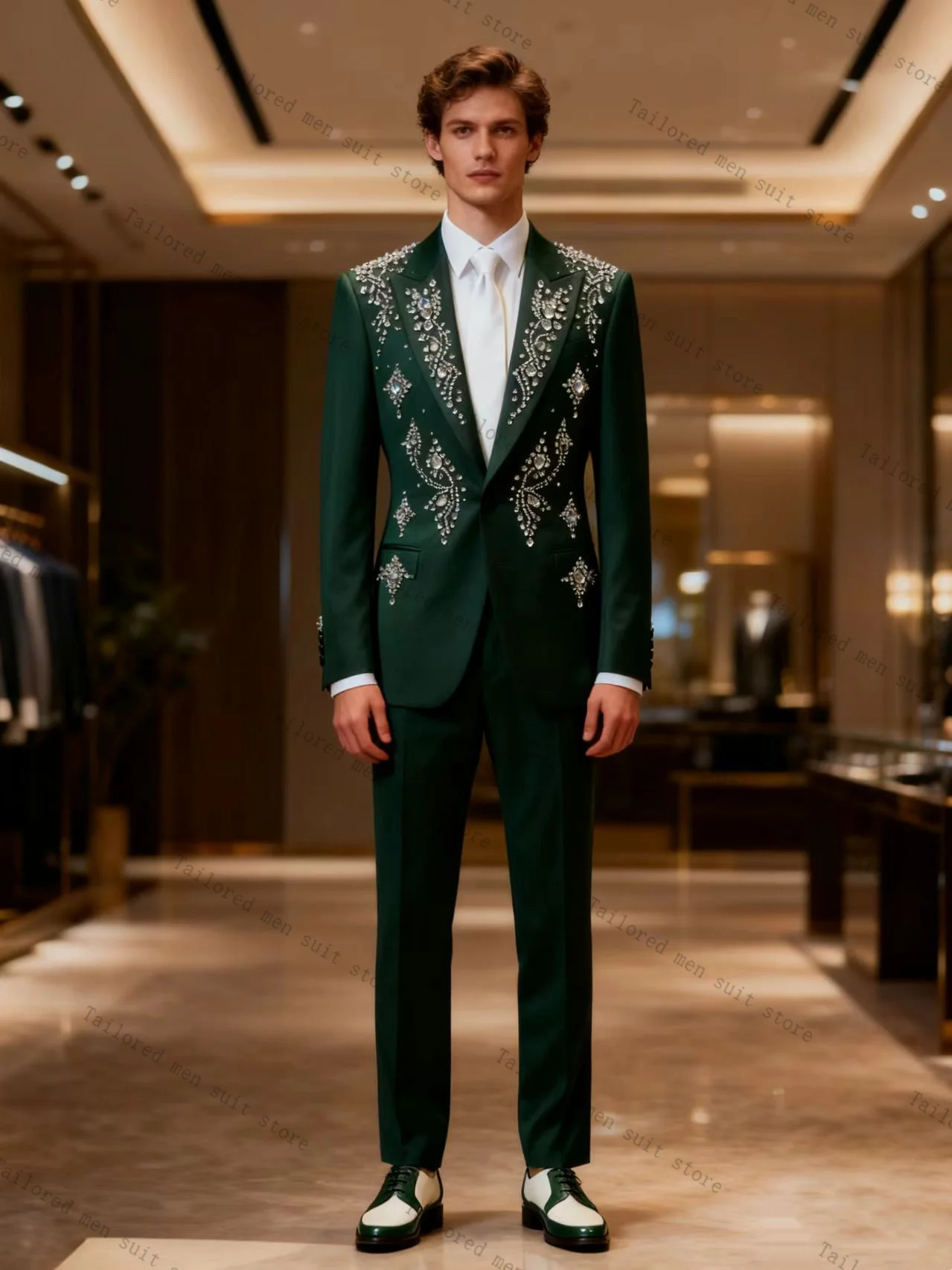 

Green Crystals Men Suits Pants Set 2 Pcs Blazer+Cotton Trousers Wedding Tuxedos Prom Jacket Formal Office Business Coat