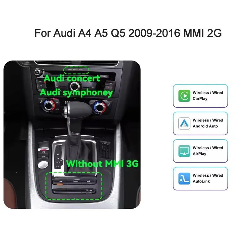 Draadloze CarPlay voor Audi A1 A3 A4 A5 A6 A7 A8 Q2 Q3 Q7 Android Auto met AirPlay Mirror Link Car Play functies BT module GPS