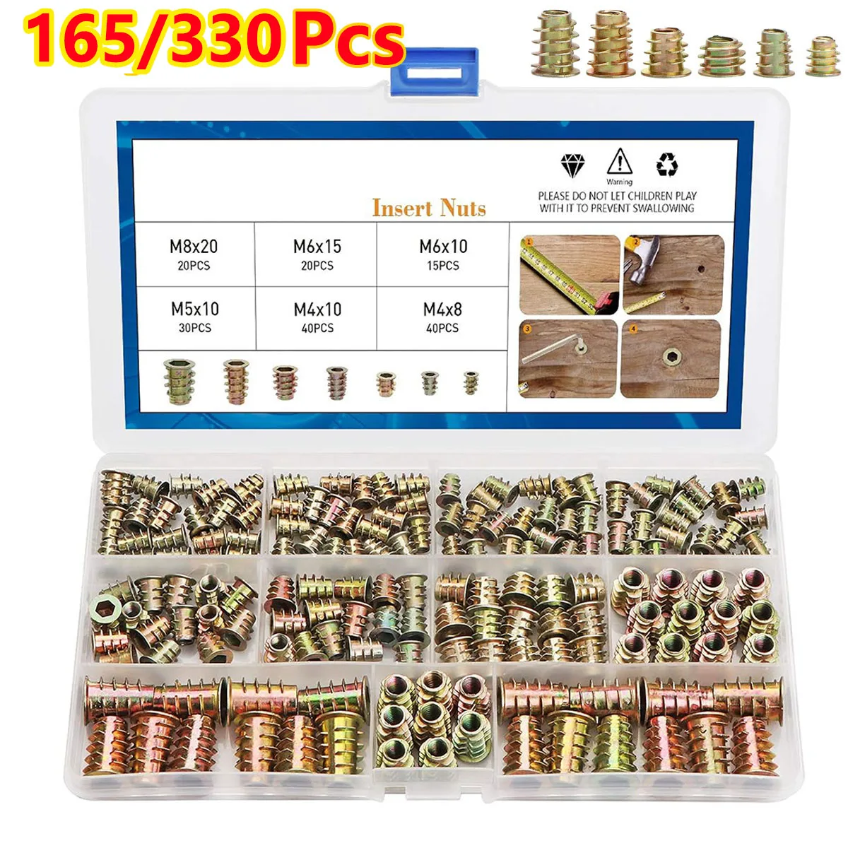 165/330Pcs Threaded Inserts Nuts M4/M5/M6/M8 Furniture Screw in Nut Wood Inserts Metric Bolt Fastener Hex Socket Drive for Wood