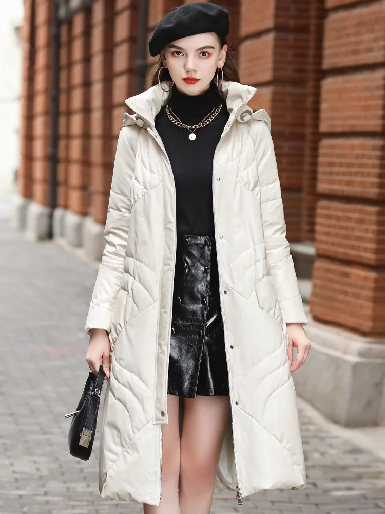 2023 Winter Priority Patty Genuine Leather Goose Down Coat Women's Mid Length Colorful Sheepskin Coat Hooded Down Coat