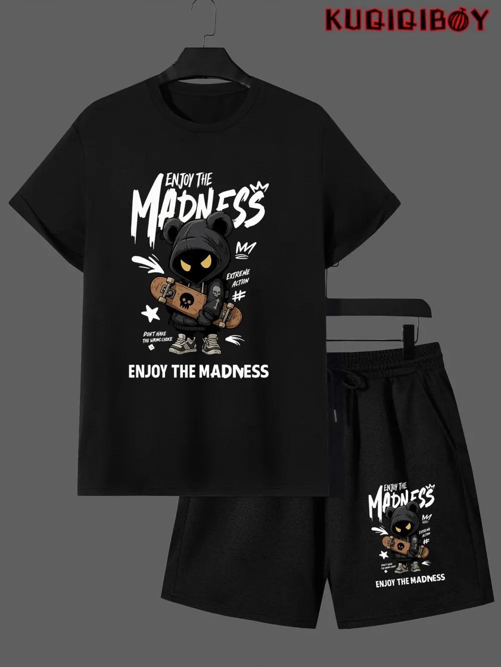 

Men's Summer Skateboarding Cartoon Printed Comfortable Breathable Round Neck T-shirt Drawstring Shorts Set Outdoor Street Wear