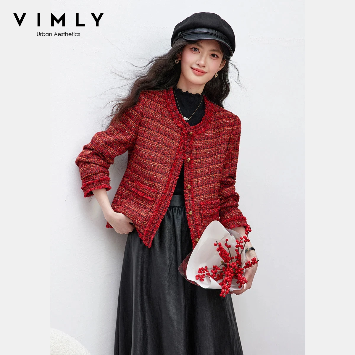 VIMLY Women's Short Tweed Jacket 2026 Spring New Elegant Chick Long Sleeve Outerwear Ladies Short Coats Woman Clothing A5018