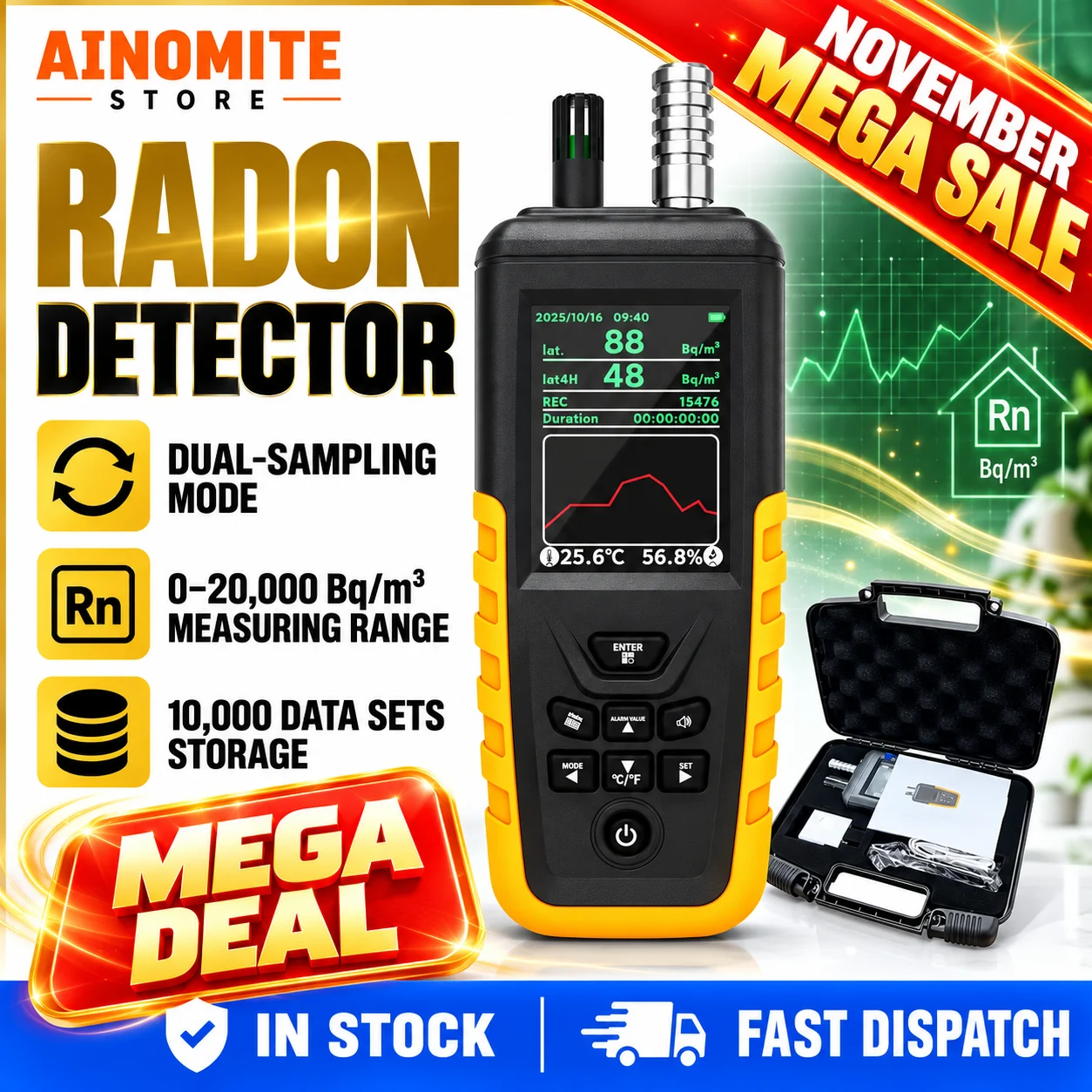 Radon Detector for Home with TFT Display, Air Quality Monitor Data Logger, Pump Suction & Diffusion Dual Mode, Handheld HZ-8101