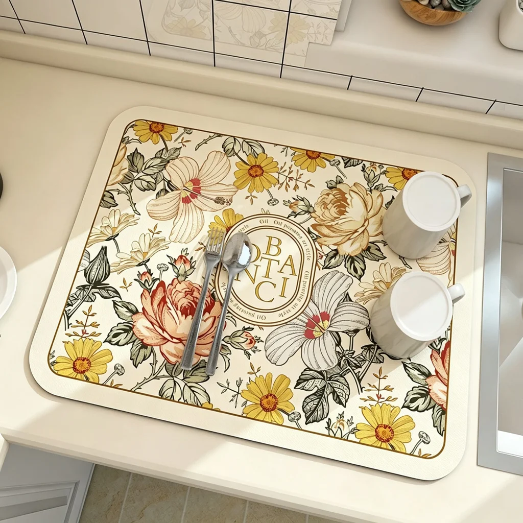 VIKAMA Kitchen Drain Mat Vintage Floral Oil Painting Botanical Square Dish Drying Mat Water Absorbent Quick Dry Anti Slip Soft