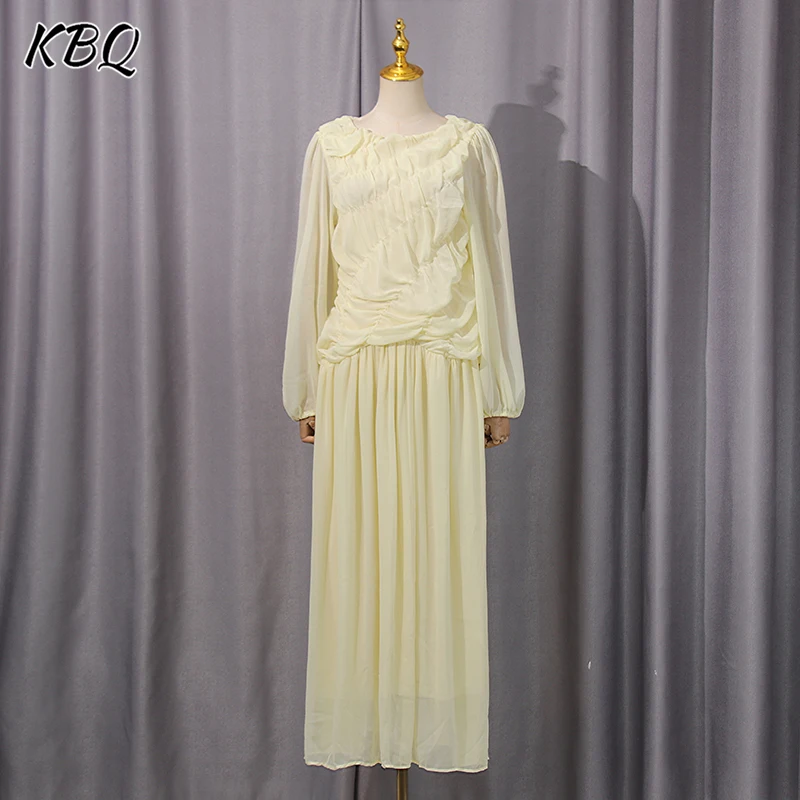 

KBQ Solid Spliced Folds Slimming Minimalist Loose Dresses for Women Round Neck Long Sleeve High Waist Temperament Dress Female
