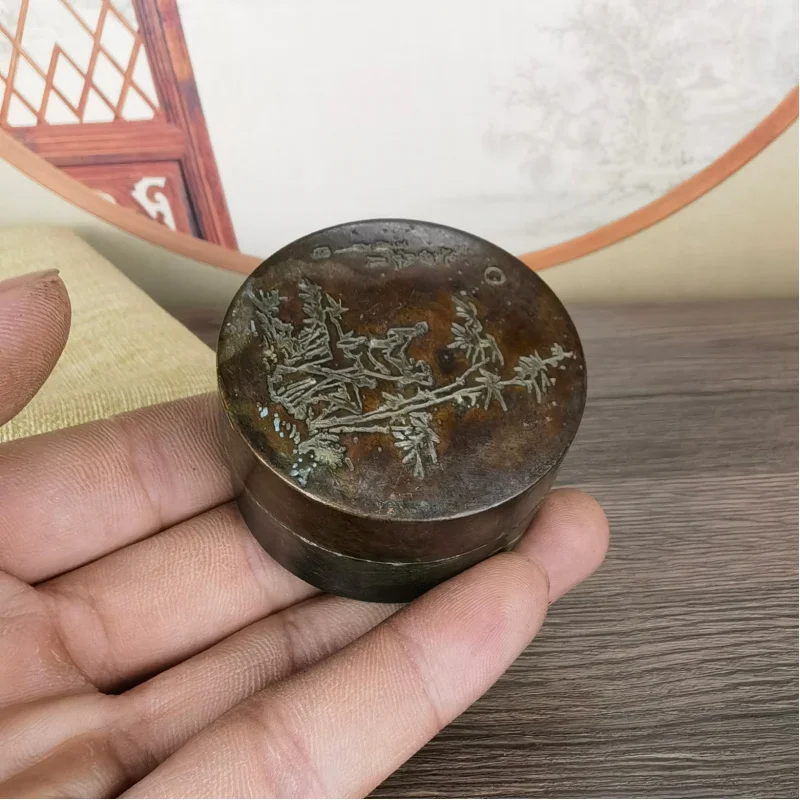 

Antique-Style Old Shell Patina Round Ink Box Ornament Retro Home Study Desktop Four Treasures of the Study Supplies Decoration