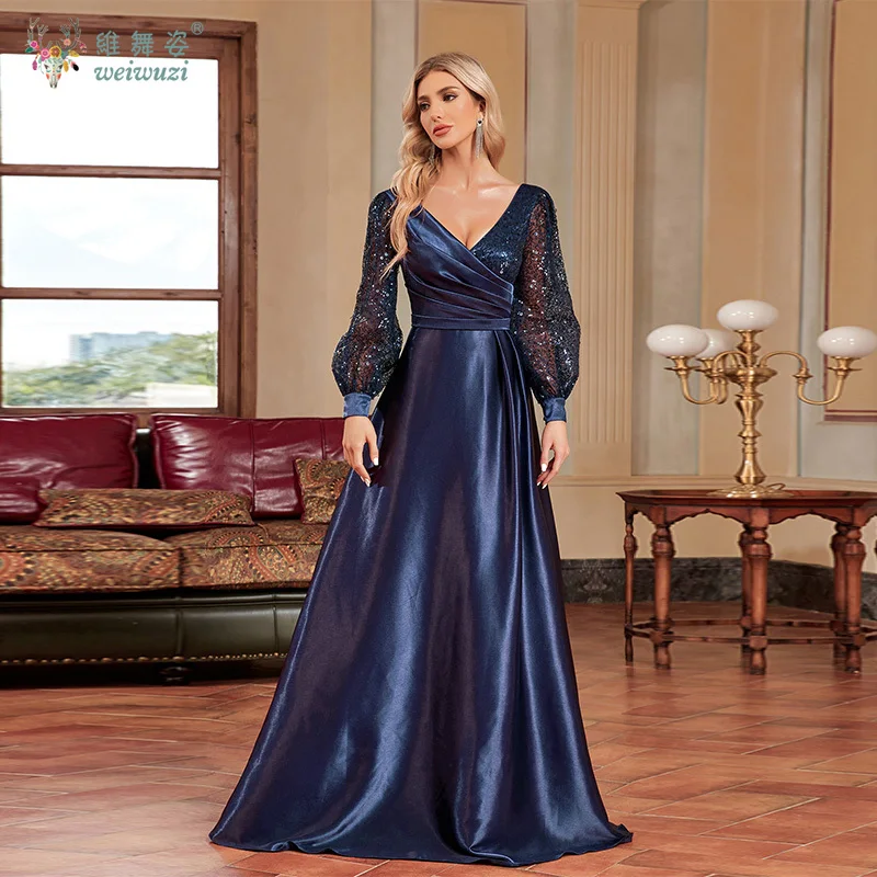 

Осеннее новое элегантное и модное шелковое вечернее платье трапециевидной формы с v-образным вырезом и блестками, сетчатыми рукавами и затянутой талией