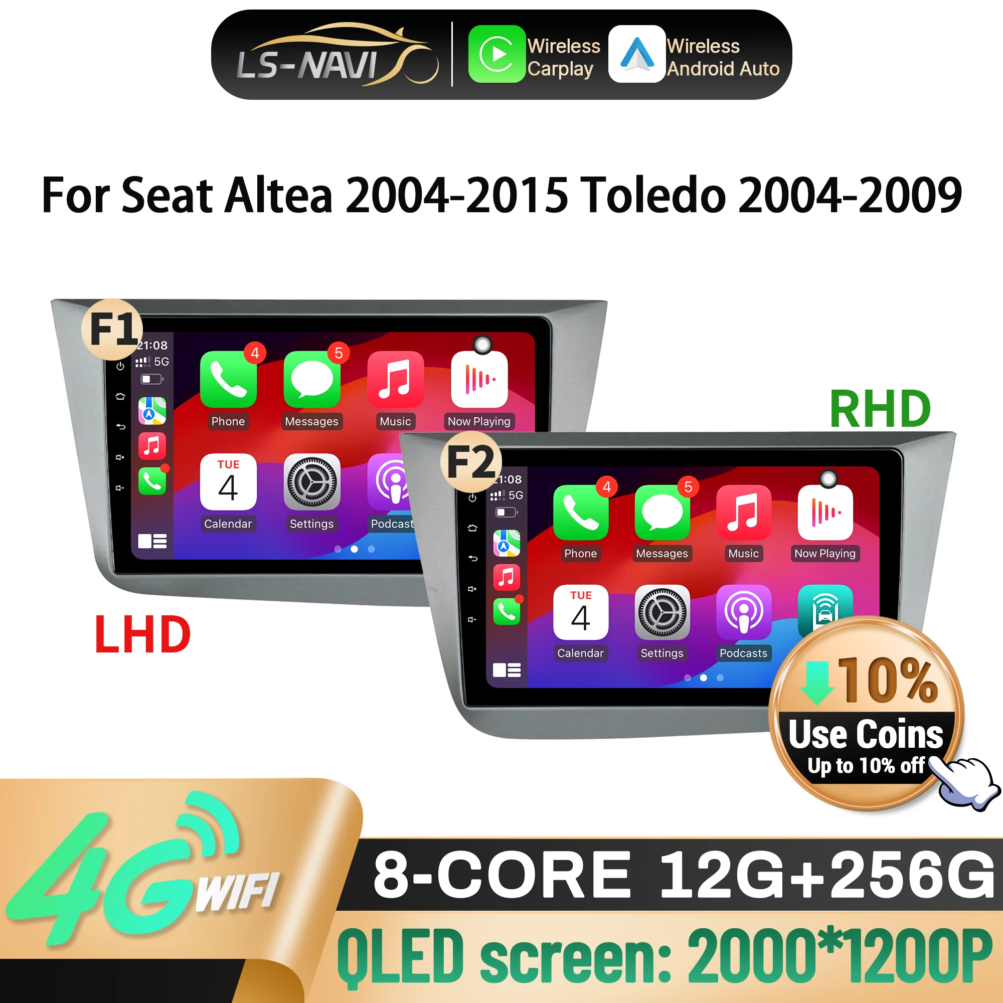 Car Radio For Seat Altea 2004-2015 Toledo 2004-2009 Wireless CarPlay Multimedia Android 14 Navigation Touch 2K QLED Screen