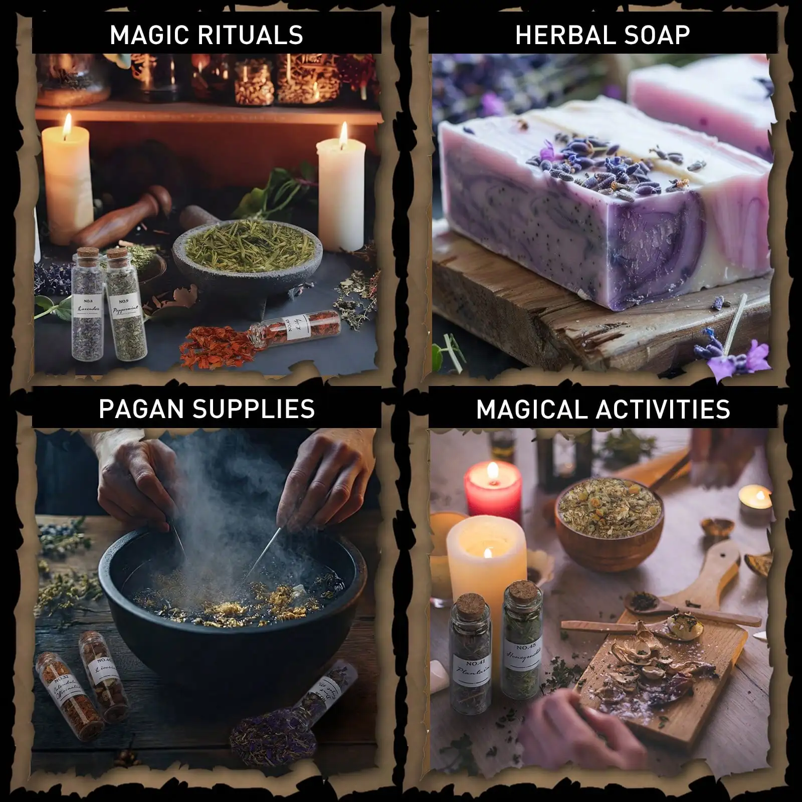 Witchcraft Supplies Herbs Mystic Gothic Wiccan Altar Supplies Gold Pentagram Black Box Glass Bottles Natural Healing Dried Herbs