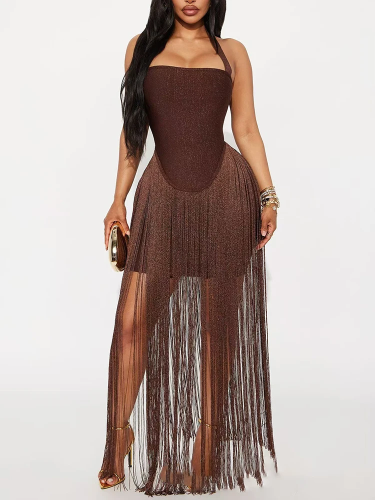 

Винтажное платье без рукавов с лямкой на шее и кисточками по подолу, горячее платье без рукавов для девочек, сексуальное женское платье для коктейльной вечеринки с открытой спиной