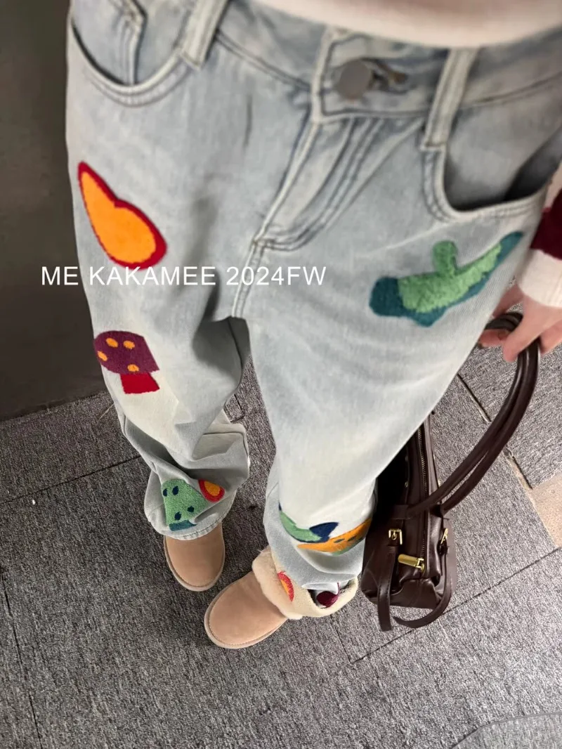 2024 Winter New American Style Denim Pants Sweet Cool Toothbrush Embroidered Fleece Thickened Long Wide Leg Straight Jeans Women