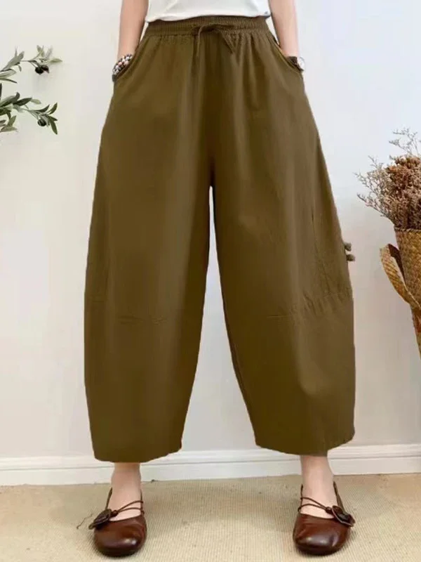 Retro Lantern Pants for Women 2023 Sumemr Baggy Cotton Linen Home Bloomers Khaki Oversize Women\'s Harem Pants with Pockets Cargo