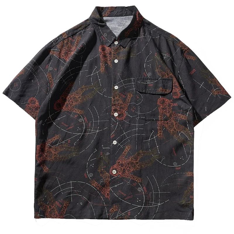 

Summer New American Retro Short Sleeve Lapel Linen Hawaiian Print Shirt Men's Fashion Seaside Beach Loose Casual Pocket Blouses