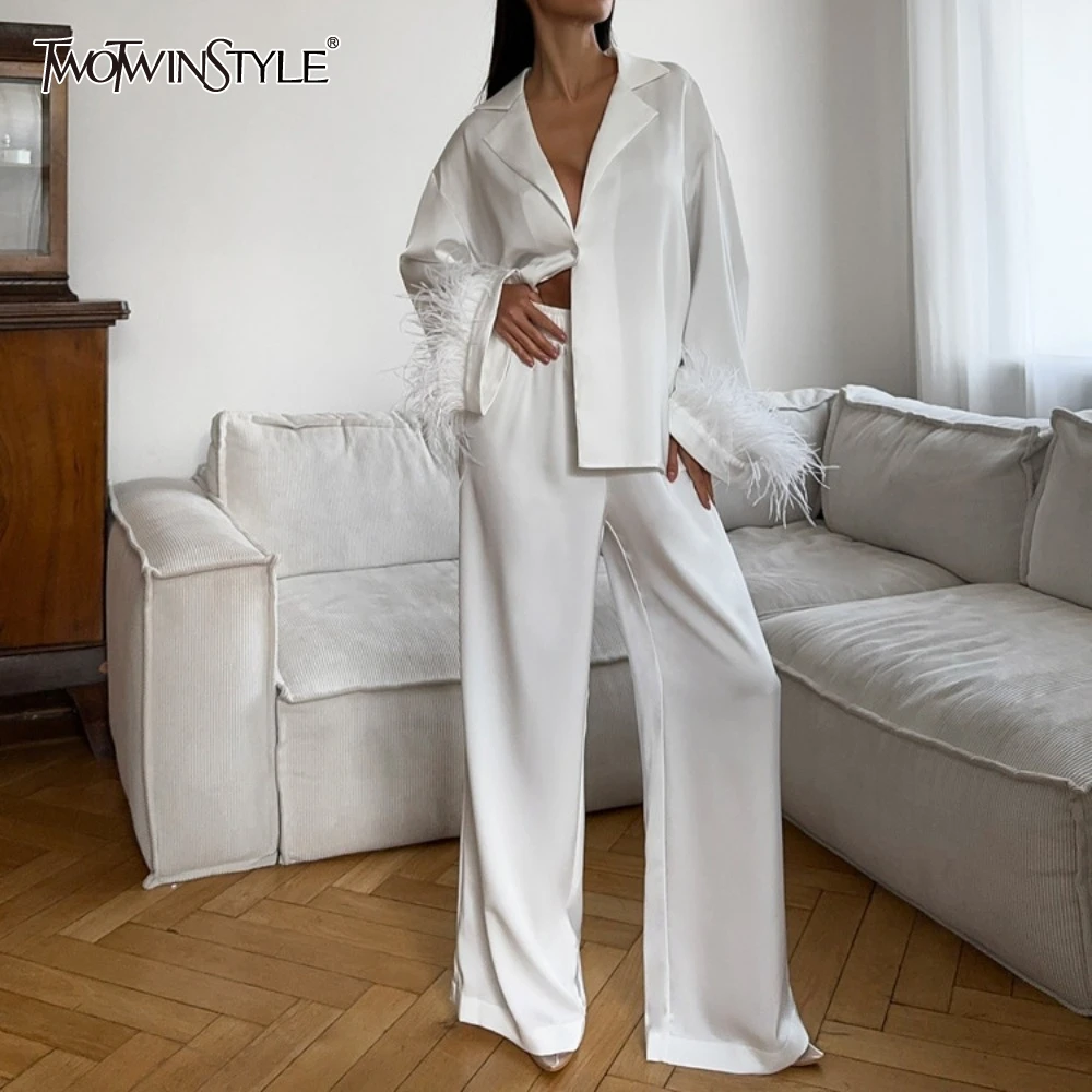

TWOTWINSTYLE Spliced ​​feather Two Piece Set for Women Lapel Long Sleeves Top High Waist Draped Trousers Casual Suit Female New