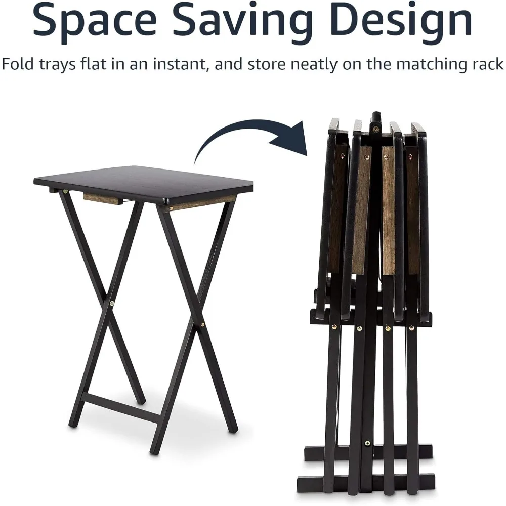 Portable Folding Tray Table Set with Storage Rack, 4-Pack Black Rectangular Design, 15x19x26 Inches