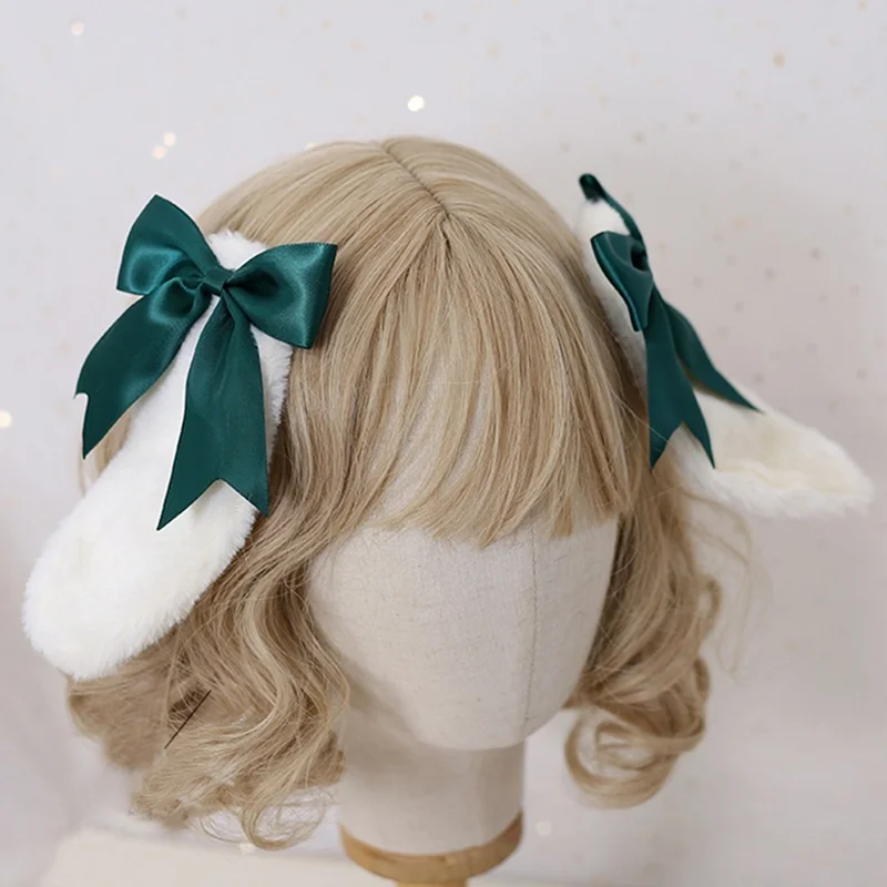 Women Girls Plush Lop Ears Rabbit Hair Clip Kawaii Bunny Ears Hairpin Candy Color Ribbon Bowknot Lolita Cosplay Hair Accessories