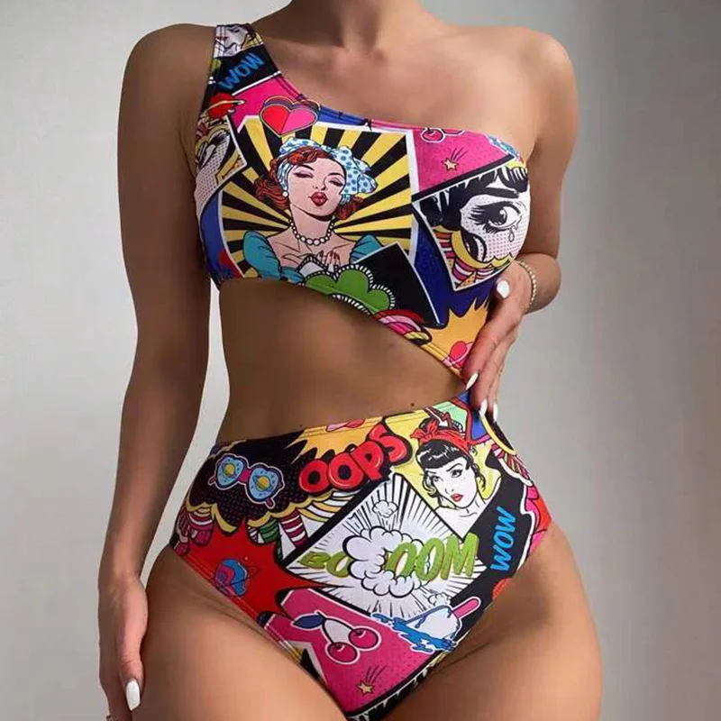 2025 Sexy One-Shoulder Monokini Women’s Floral Cutout One-Piece Swimsuit High Leg Design & Adjustable Ties Trendy Beach Holiday