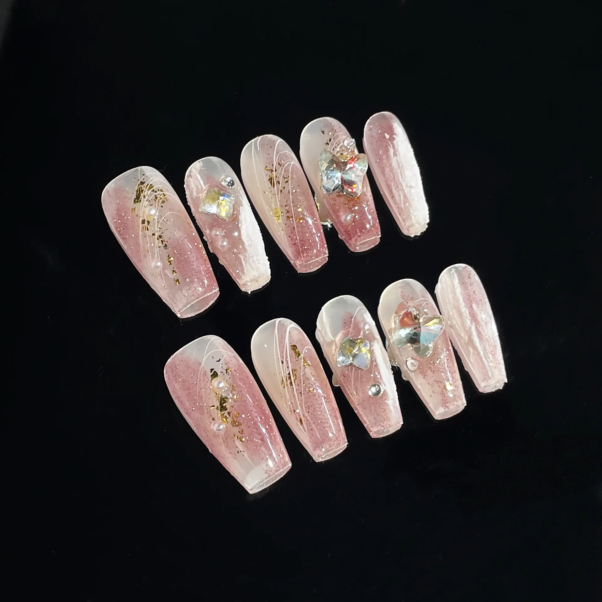 10 pièces faux ongles faits à la main dégradé paillettes bleu ongles Art diamant mi-long Ballet faux ongles ensembles portable presse sur les ongles