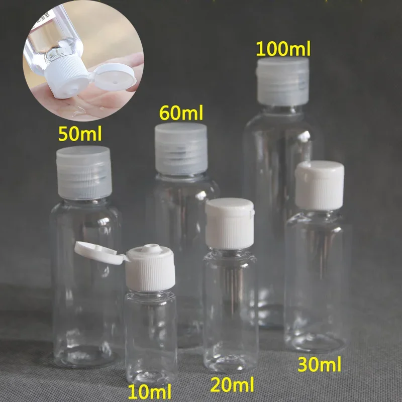 

50pcs 5ml 10ml 20ml 30ml Plastic PET Clear Flip Lid Lotion Bottles Cosmetic Sample Vials Travel Liquid Screw cap Fill Containers