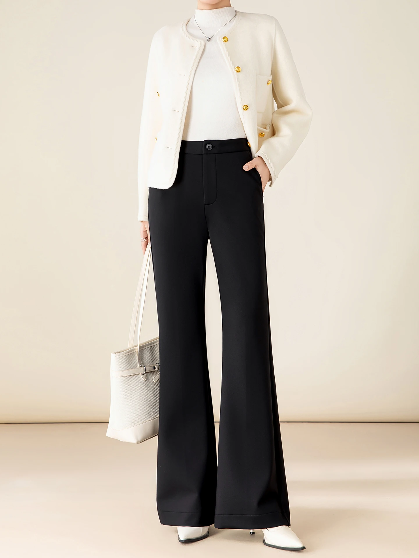 

High Waist Fce Lined Flared Pants Women's Warm Elastic Casual Long Trousers Autumn Winter New Sle Busin Suit Pants