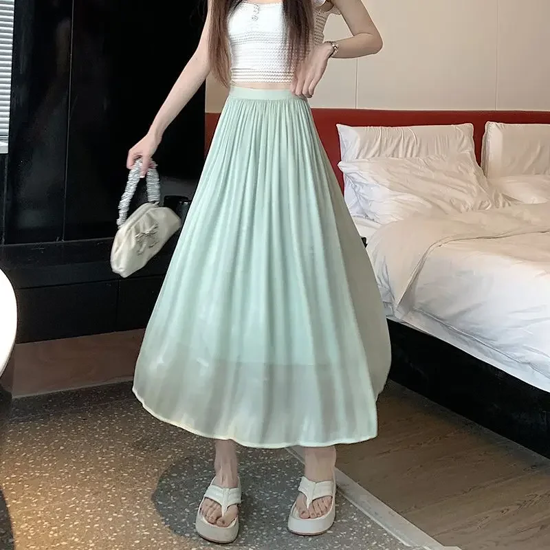 

2024 New Summer Fashion High Waist Covering Belly Loose Relaxed Vacation Simple Solid Color Mid Length Flowing Light Skirt