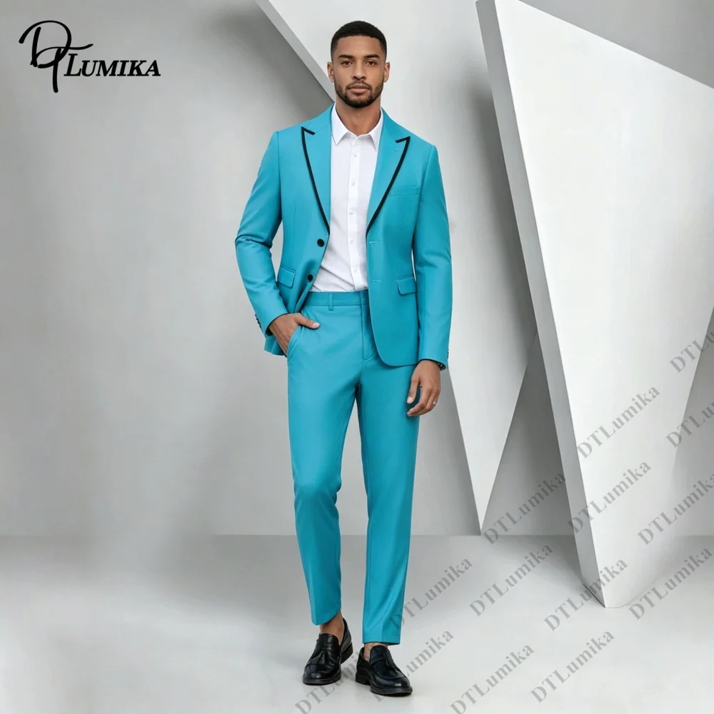 Bespoke Cyan Men 2 Piece Suit Contrast Lapel Formal Jacket Pants Custom Slim Fit Outfit for Prom, Dinner & Night Party Tuxedo
