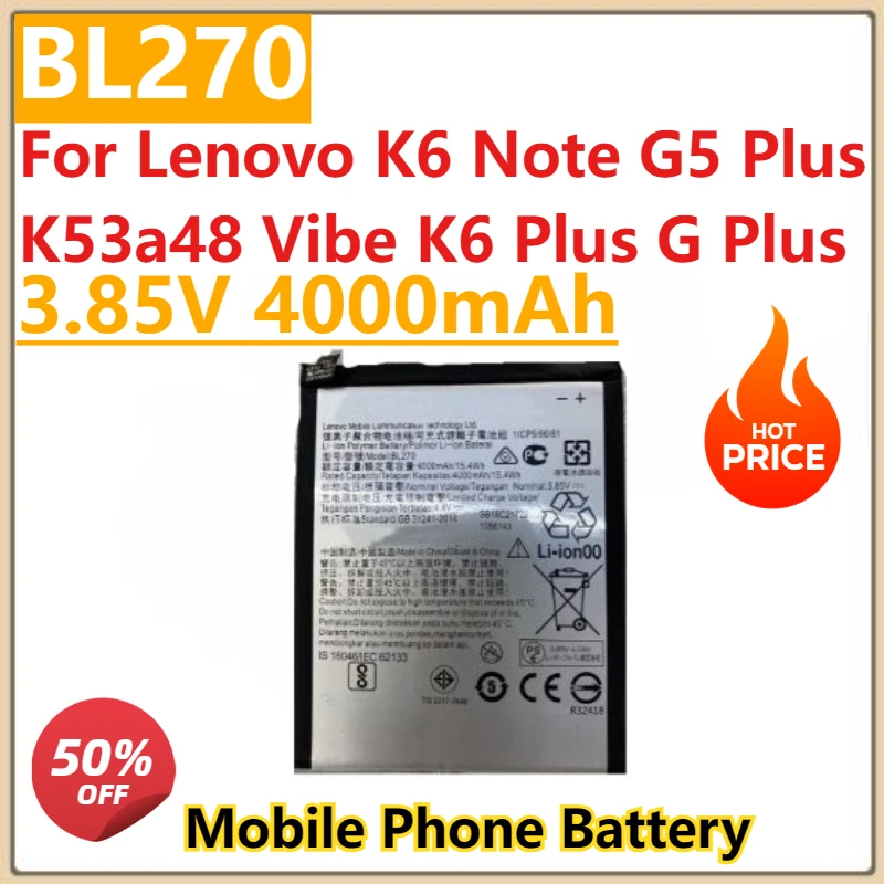 

High Quality New BL270 3.85V 4000mAh Battery For Lenovo K6 Plus 5G Plus K6 Note G5 Plus K53a48 Vibe Phone Battery + Free Tools