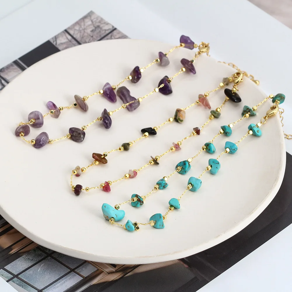 New Crushed Gemstone Loose Beads Stone Bracelet 14K Gold Plated Amethyst Turquoise Tourmaline Necklace Wholesale Bulk for Women