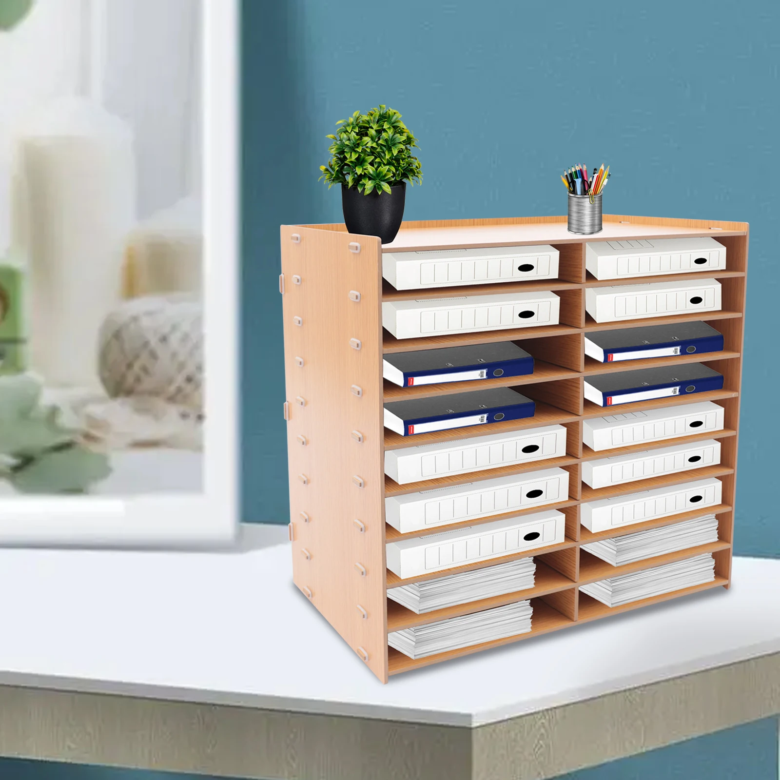 

Golden Oak 51.8*33*49cm Nine-layer File Rack 18-cell Multi-layer File Sorting Cabinet for Storing Books and Files