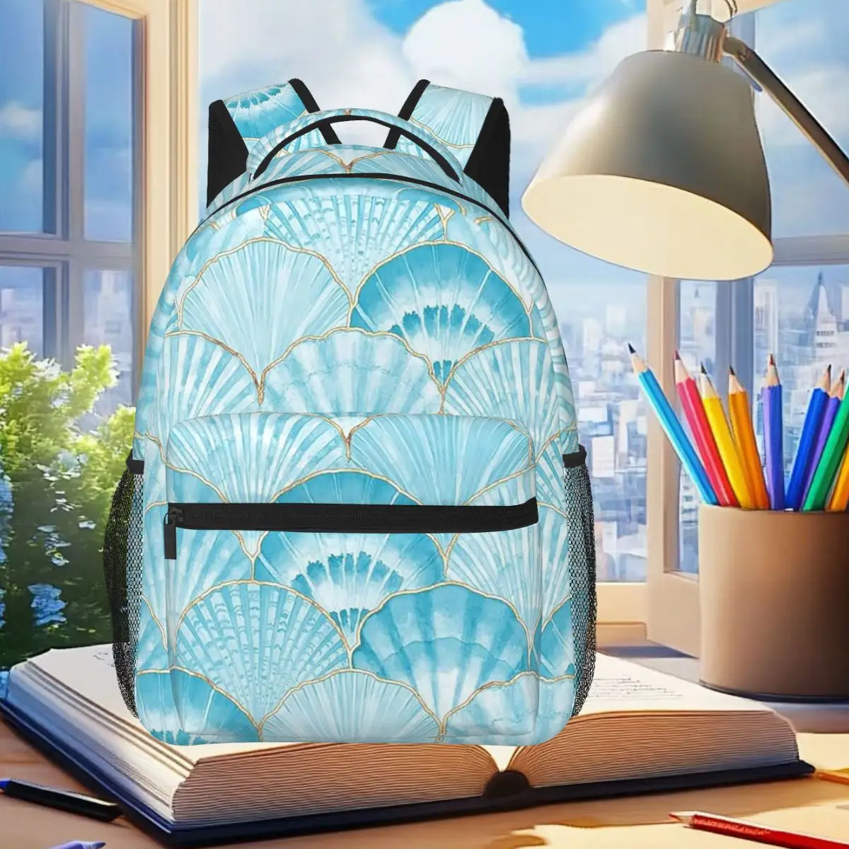

Blue Sea Shell Pattern Backpack Student Boys Girls BookBag Children School Bag Computer Shoulder Bags for Men Women