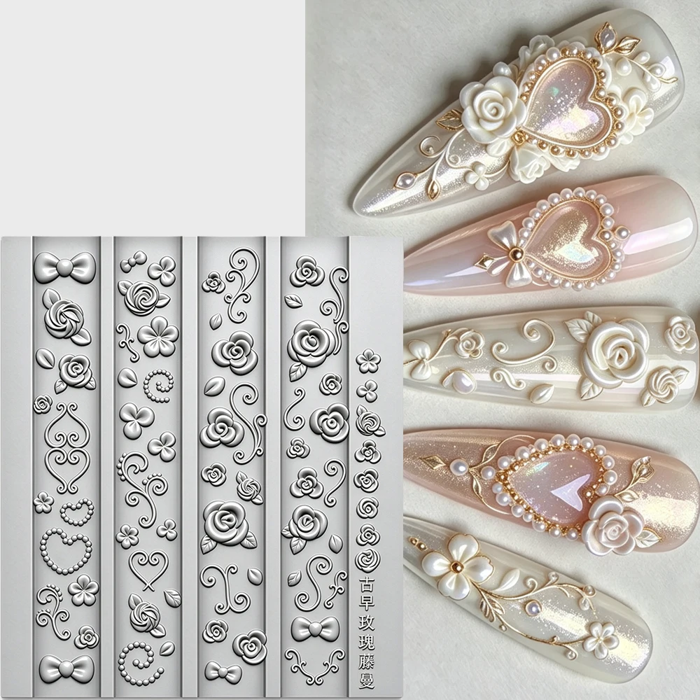 1pcs Baroque Heart Window Grille Silicone Nail Art Mold Musical Note Piano Key Clover Flower Manicure Template Sweet Nails Mold