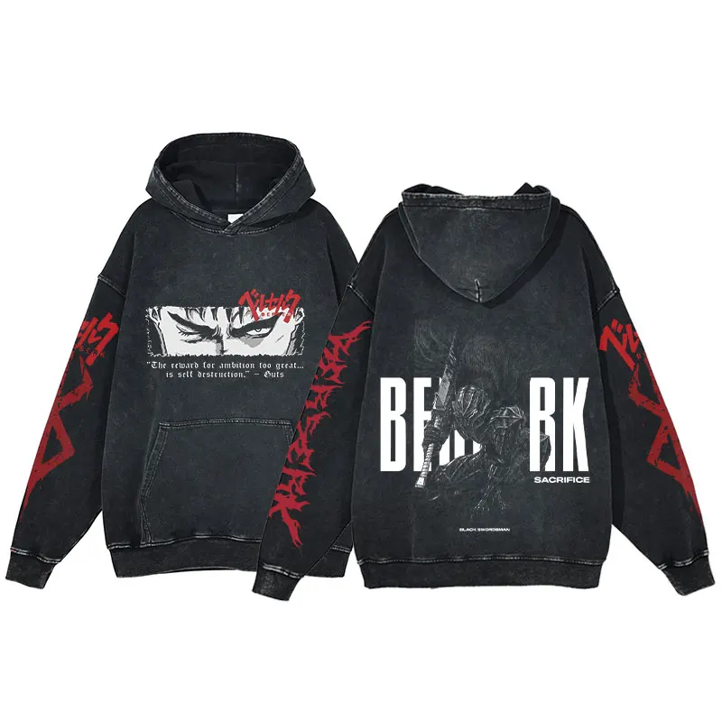 Berserk Anime Hoodie Men Hip Hop Harajuku Acid Wash Pullover Hooded Sweatshirt Vintage Streetwear Casual Long Sleeve Cotton Tops