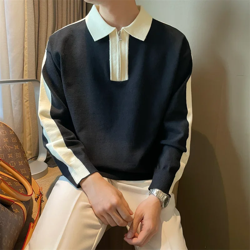 

Korean Version of Long-sleeved Men's Sweater in Autumn New British Casual Handsome Top Lapel Contrasting Knitted Sweater