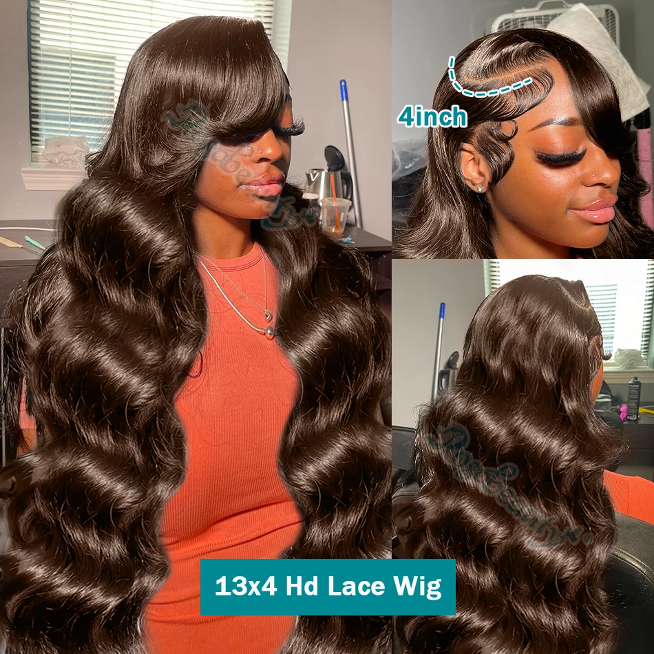 Rosabeauty Chocolate Brown Body Wave 13x6 HD Lace Frontal Human Hair Wigs Water Wave #2 Colored Wig 250 Density 40Inch