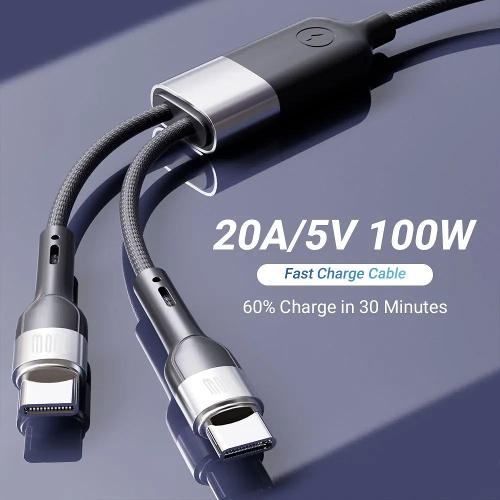 100W 2en1 Cable USB C Carga Rápida, Cable Tipo C para Portátiles y Teléfonos, Compatible con Divisores de 25cm, 1,5 M, Poliéster Trenzado