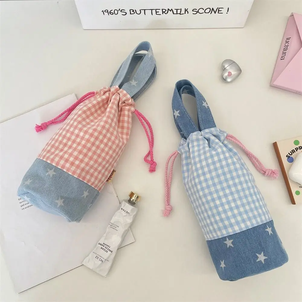 Fashionable Outdoor Drawstring Canvas Cup Bag Grid Printed Water Bottle Cover Glasses Storage Portable Small Storage Bag Hiking