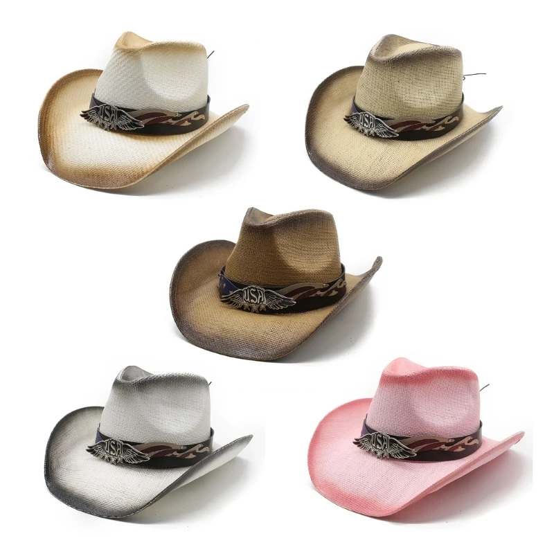 

Classical Straw Hat Cloth Wide Brimmed Western Cowboy Hat for Trilby Hat for Dinner Outdoor Casual Wear DXAA