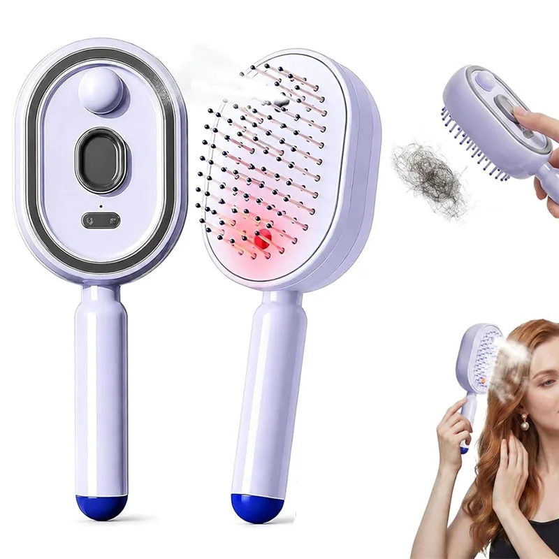 Electric Spray Air Cushion Massage Comb Hair Brush with Water Spray 3 in 1 Self Cleaning Combs Detangling Wet & Dry Hair Brush