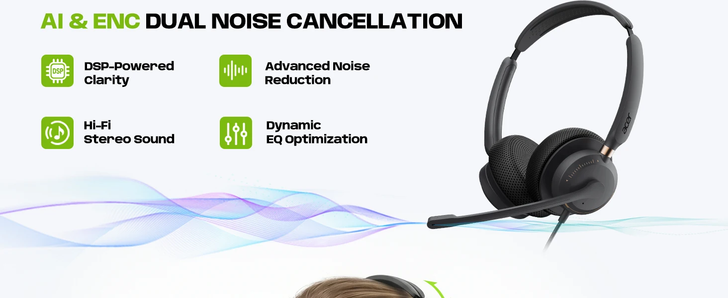 Acer USB-Computer-Headset mit Mikrofon für PC, Laptop, kabelgebundenes Headset für die Arbeit, 8 Fuß langes Kabel, Inline-Steuerung, kompatibel mit Teams, Zo – Detail 3