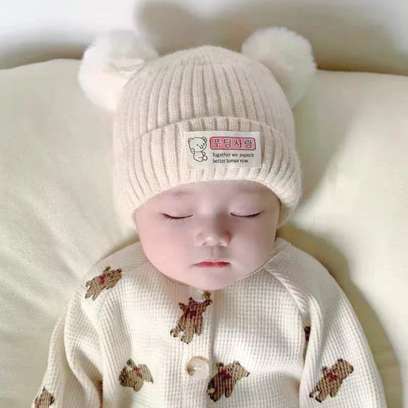 

Cute Winter Baby Wool Hat With Bear Ear Flaps Thickened And Warm Knitted Hat Extra Thick And Windproof Infant Hat