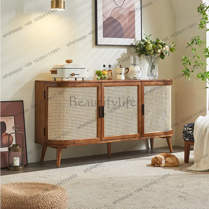 LD wabi-sabi retro living room solid wood three-door rattan cabinet Japanese side cabinet