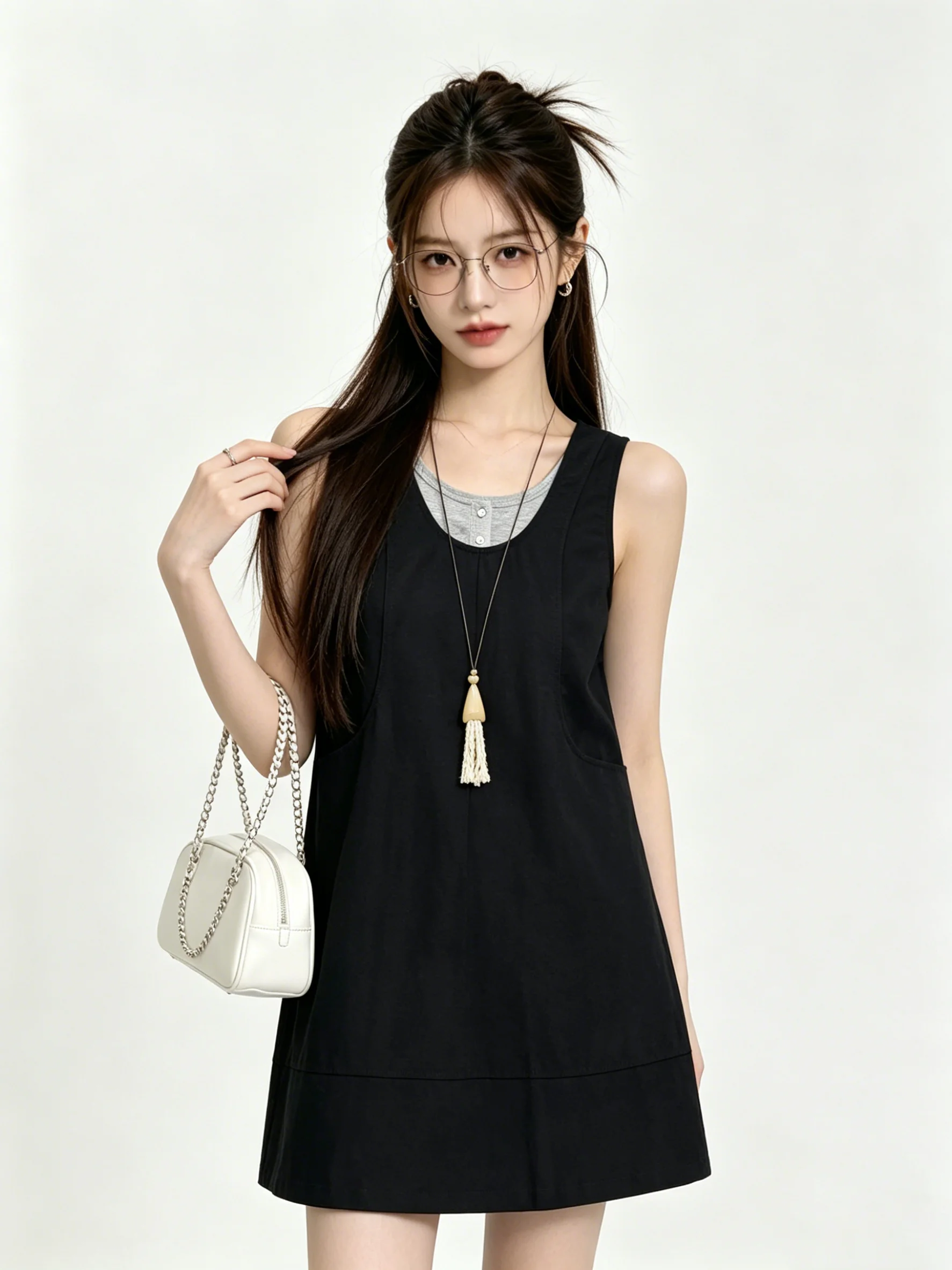 

Slimming Korean Style Vest Dress Blue Color Sleeveless Top Bottom Set Breathable Summer Fashion Women's Two-Piece Suit