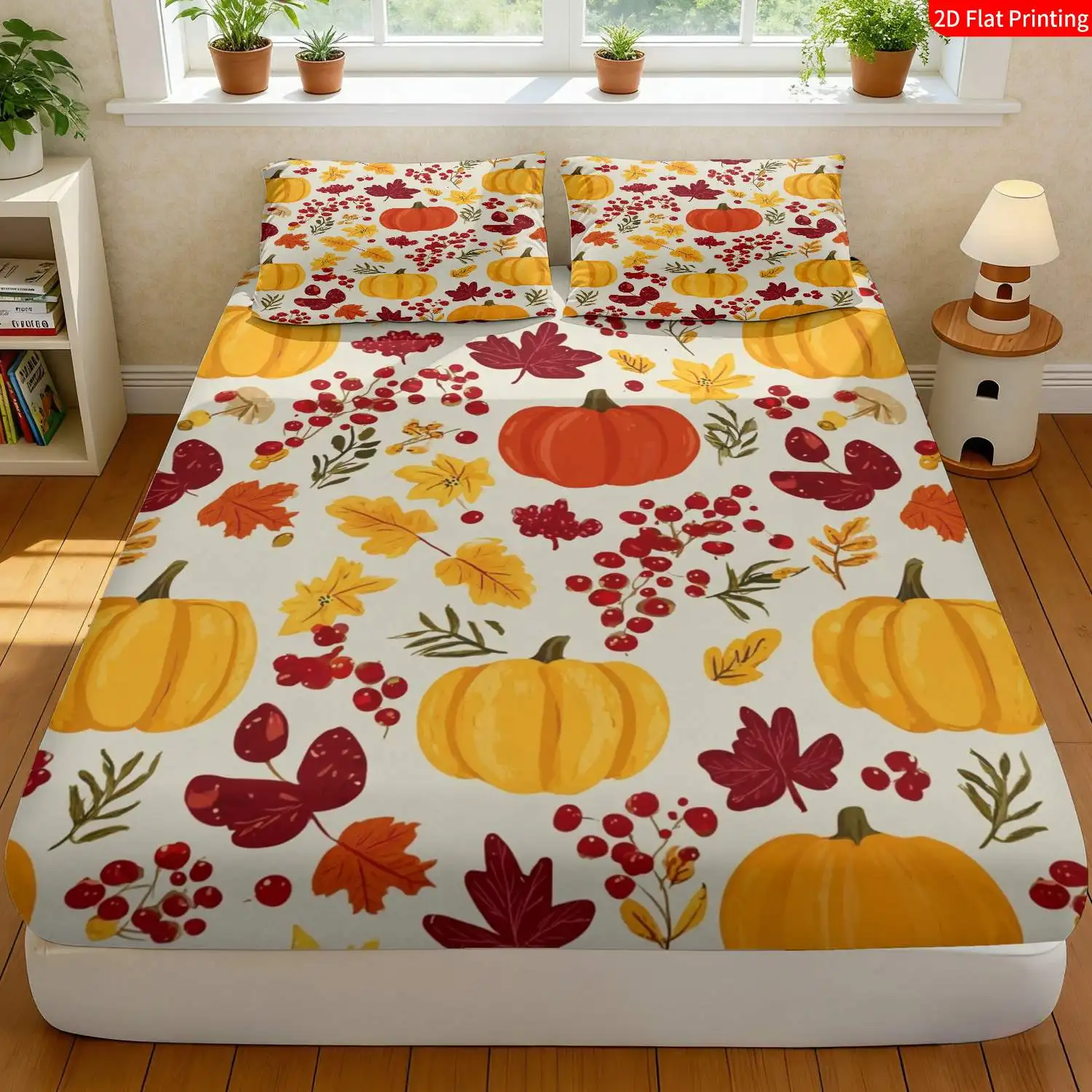 Autumn Harvest Thanksgiving Theme Bedding Set with Pumpkin and Maple Leaf Prints, Home Bedroom Decoration Three-Piece Bedding Set (1 Fitted Sheet + 2 Pillowcases), Large Capacity Deep Bedding Mattress Protector, Fitted Elastic Style Protective Cover, Mattress Protector, Machine Washable Design, Holiday Decoration, Various Sizes, Breathable Protective Cover with Pillowcases