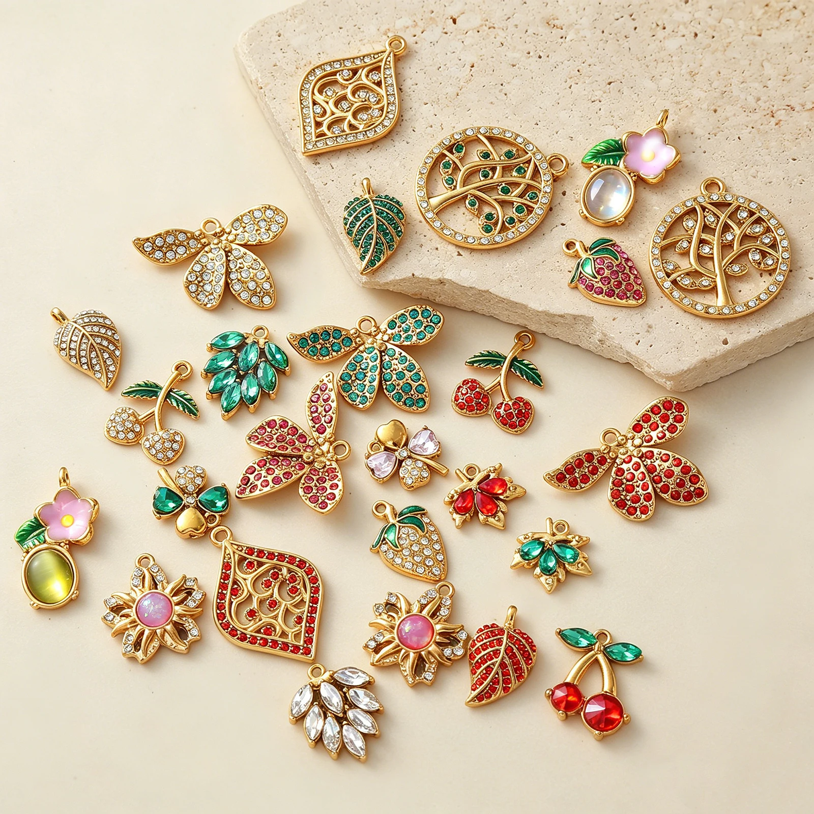 5pcs/Lot Stainless Steel Colored Zircon Inlaid Plant Series Pendant DIY Necklace Bracelet Monet Garden Style Jewelry Gift
