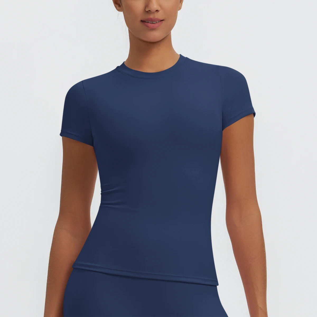 Hochelastisches, schnelltrocknendes, einfarbiges Yoga-Kurzarm-T-Shirt für Damen, Workout-Oberteil, schmal geschnittenes, lässiges Sport-, Lauf-, Fitness- und Yoga-T-Shirt. – Detail 33