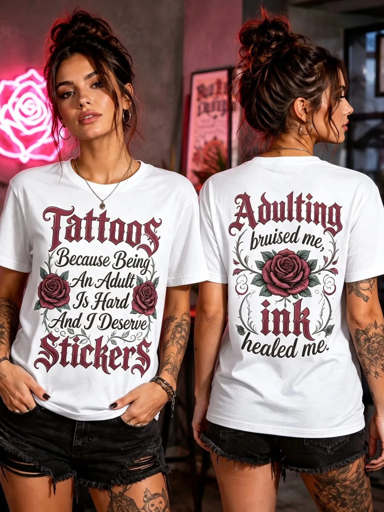 Vintage Tattoo Style Rose Goth Letter Print Women's Crew Neck Short-sleeved T-shirt Summer Loose Casual Street Daily Wear Versatile Bottoming Top
