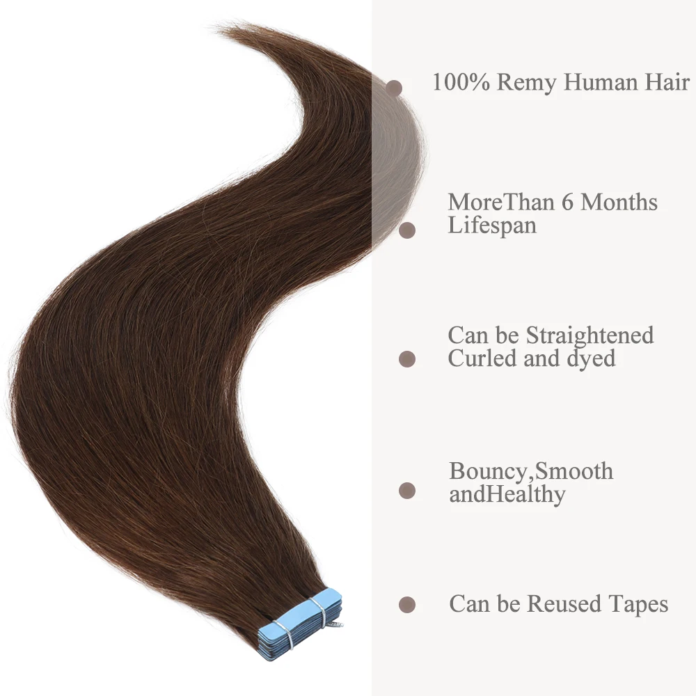 MRSHAIR Seamless Tape in Extensions Human Hair Natural Tape in Hair Extensions Skin Weft PU Tape On Hair 20 PCS 12
