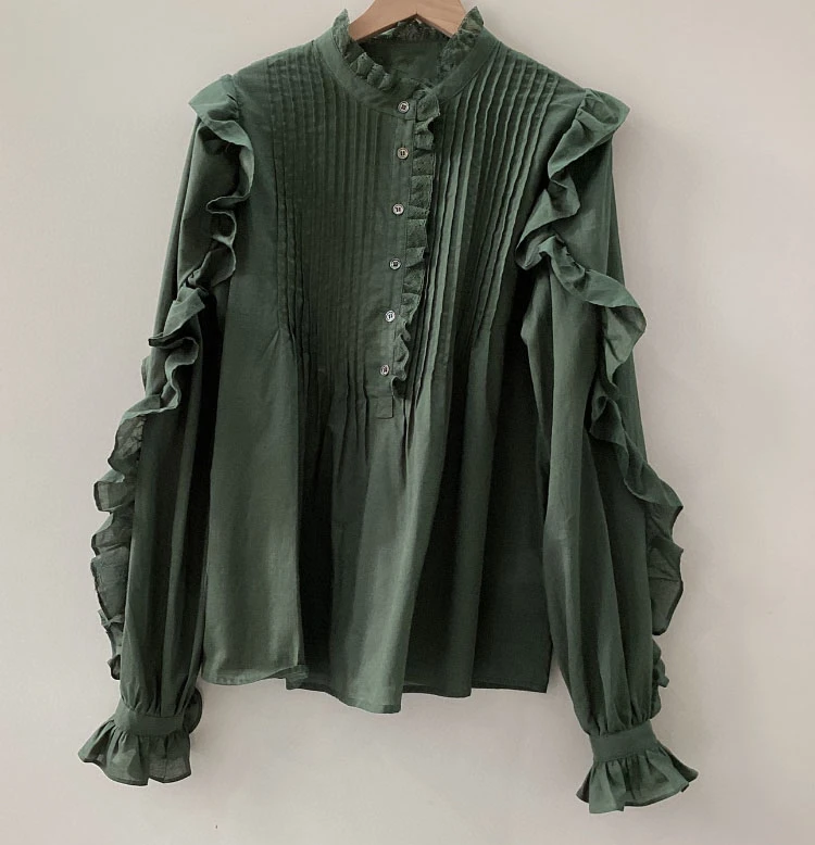 2024 New Women\'s Fashion Black and White Green Cotton Fluffy Neck Long Sleeve Front Pleated Button Fashion Top Shirt